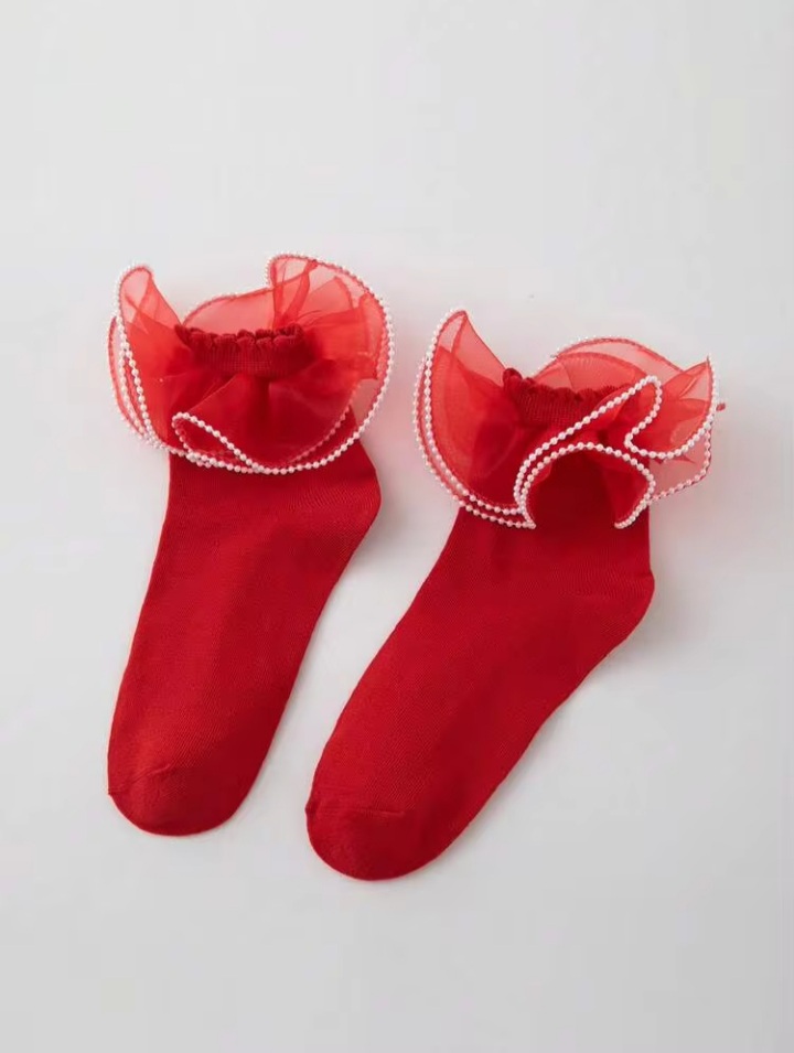 Women’s Red Ruffle Ankle Socks with Sheer Organza Bow & Pearl Trim – Elegant Decorative Frill Socks